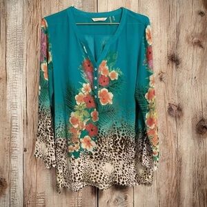 Soft Surroundings Tunic Symphony Night Floral Animal Print Top M Roll Tab Sleeve
